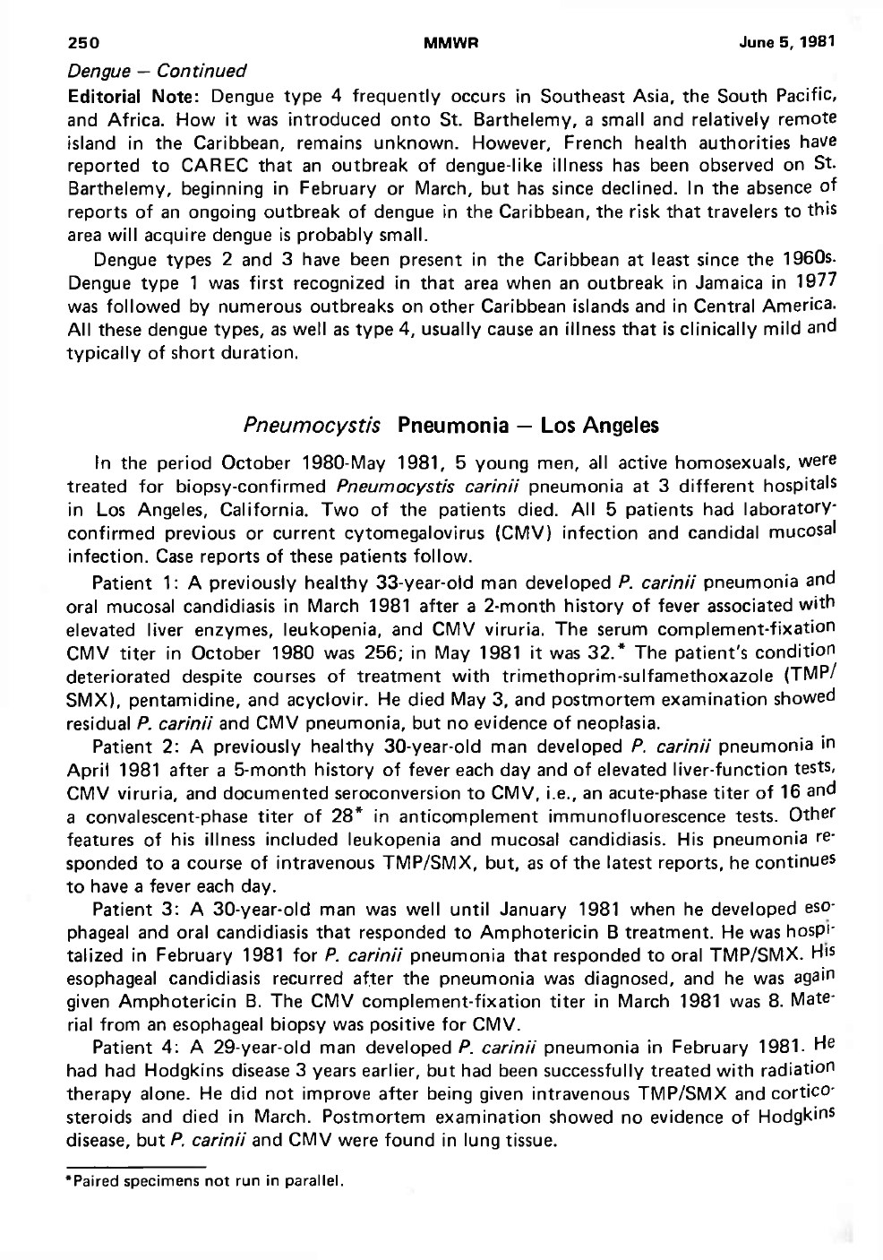 CDC MMWR page dated June 5 1981 with the report Pneumocystis Pneumonia Los Angeles.