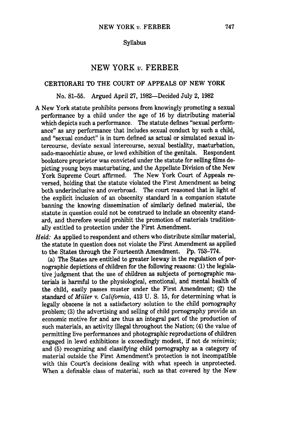 First page of the United States Reports decision in New York versus Ferber from 1982.
