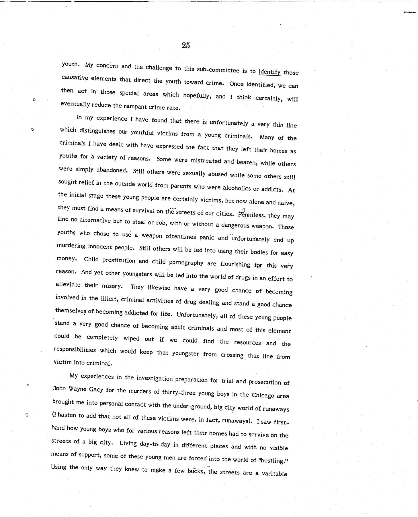 Page twenty-five of the Senate hearing describing a thin line between youthful victims and young criminals.