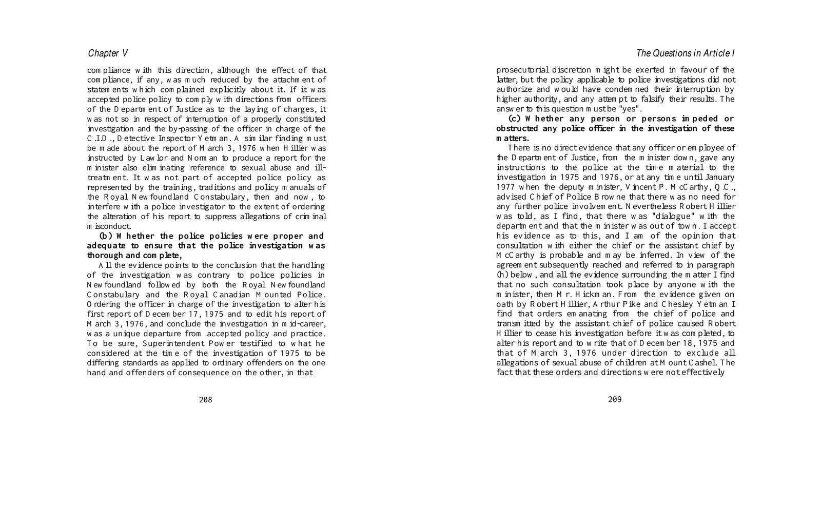 Pages 208 and 209 of the Hughes report concerning the interrupted Mount Cashel investigation.