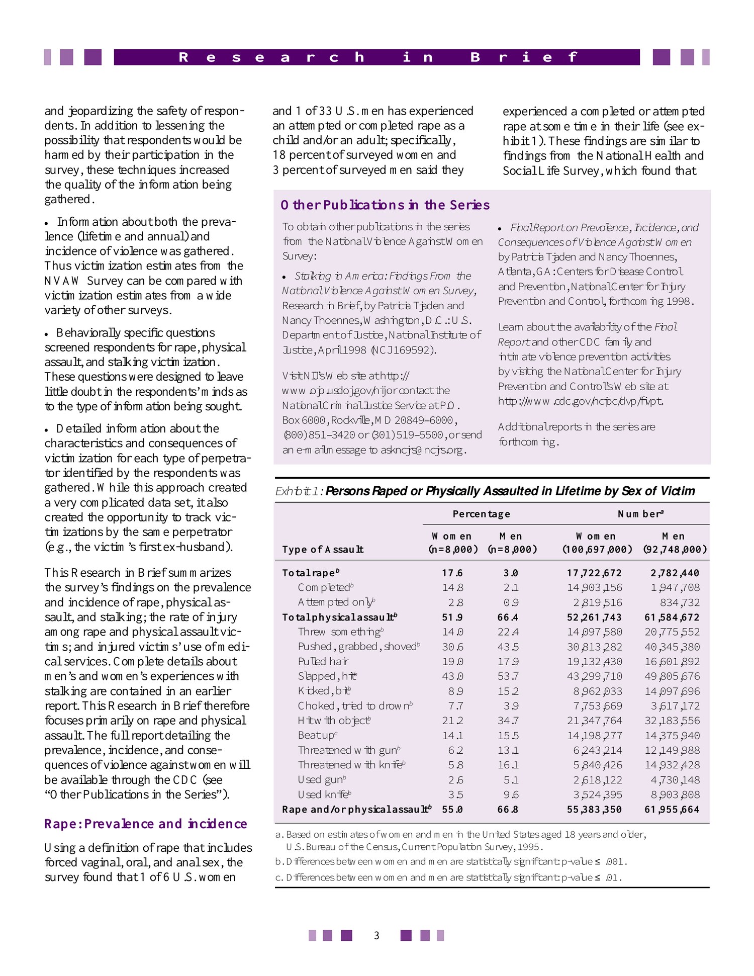 Page three of the 1998 National Violence Against Women Survey research brief with male rape estimates.