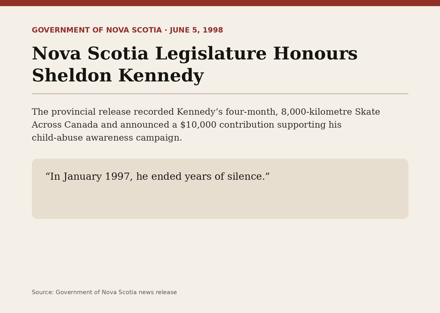 Documentary card based on Nova Scotia’s June 1998 release honoring Sheldon Kennedy.